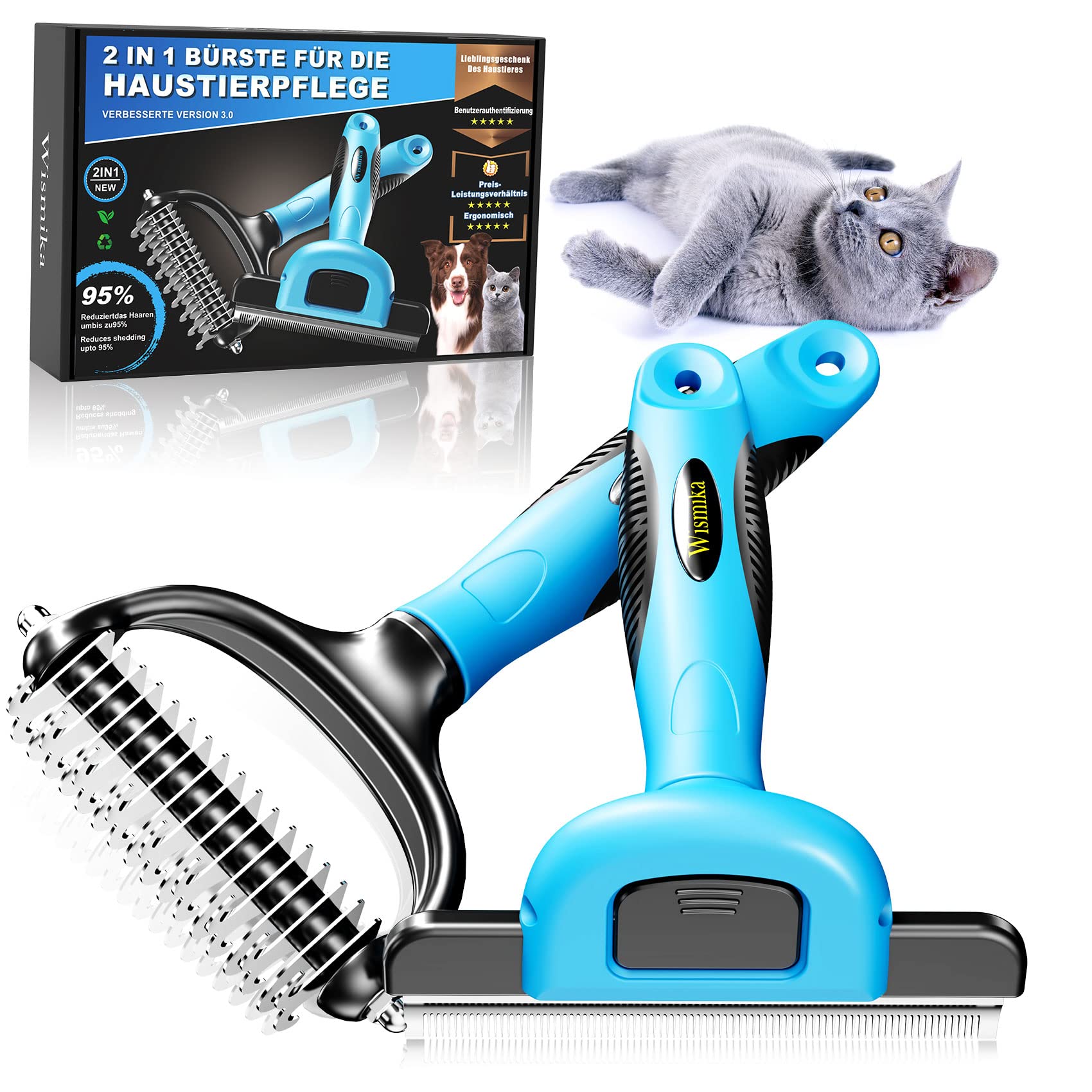 Cat Brush, Dog Brush, 2-in-1 Undercoat Brush for Medium and Long Hair, Professional Dog Brush, Undercoat or Undercoat Brush, Stainless Steel Dog Comb for Medium to Large Cats and Dogs