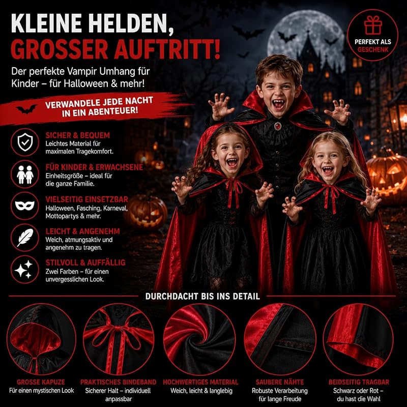 Umhang rot & schwarz mit Kapuze - für Halloween & Fasching & Karneval Vampir Kostüm für Kinder & Erwachsene, Beidseitig — Foto 8 von 8