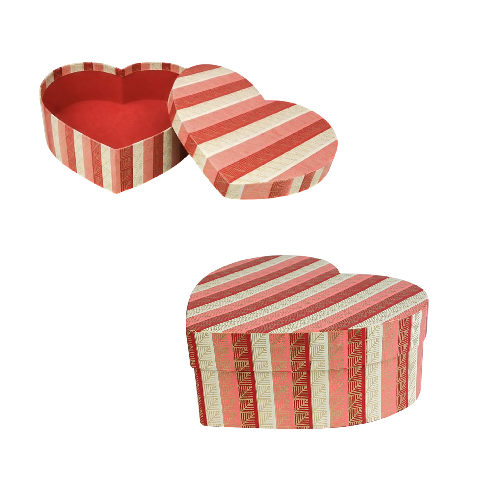 Emartbuy Rigid Heart Shaped Handmade Cotton Paper Gift Box – Small Size - 3 (16 × 14 × 6 cm), Printed Red Pink Gold with Red Interior, Elegant Handmade Box for Jewellery & Small Gifts
