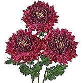 Hollyone 3Pcs Fake Mums Flowers Red Artificial Chrysanthemum Flowers Silk 30" Long Stem Floral Arrangements Bouquets Faux Spider Mum Flower Pincushion Flower Bush Spring Home Decor