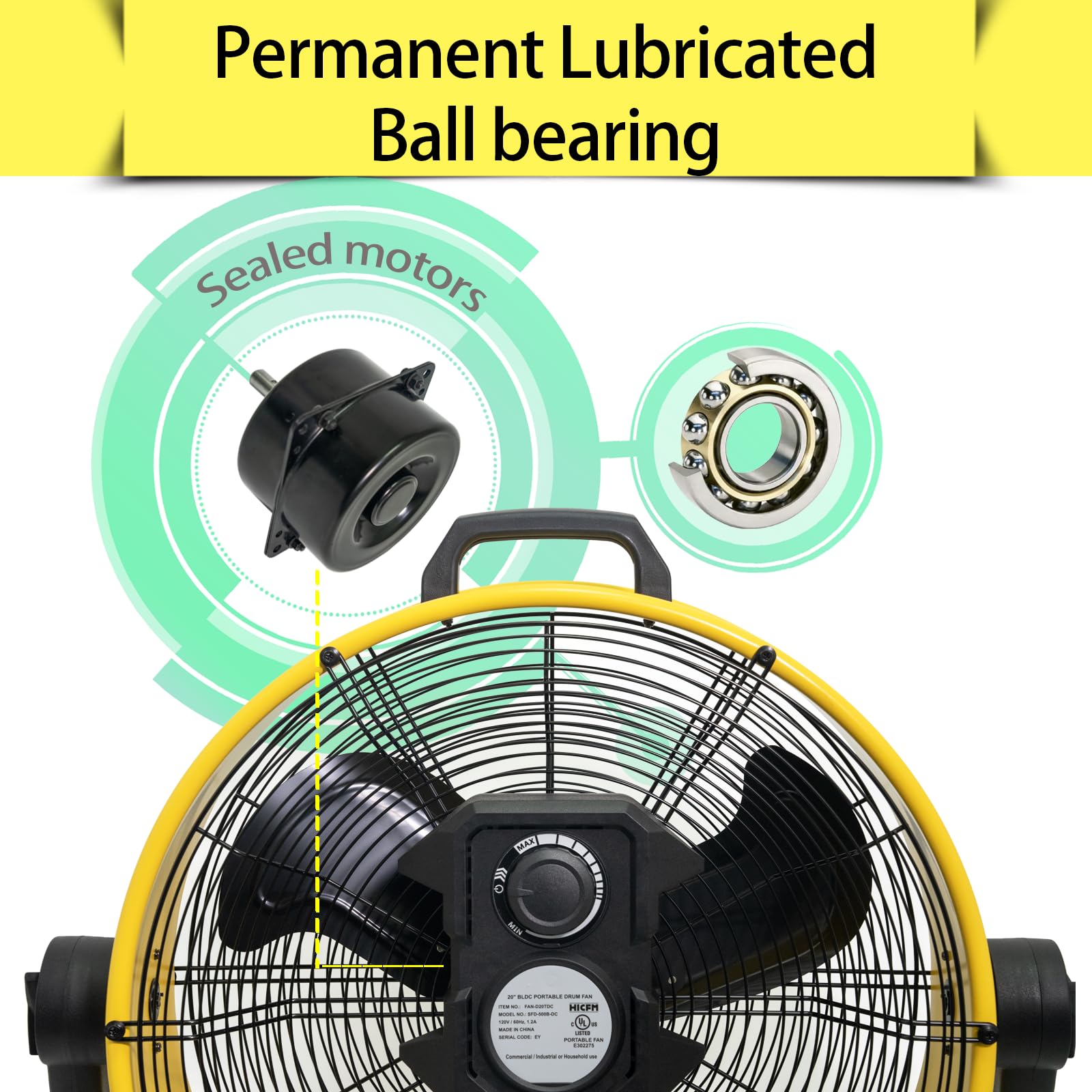HiCFM 20 inch DC Motor Drum Fan, 6100 CFM High-velocity Air Circulator with 180-degree Pivoting Head 3-speed 1/12 HP Motor Large Airflow Turbo Shop Floor Fan - UL Listed