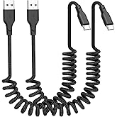 Quickeep Car Carplay Cable 2Pack 3ft Coiled USB A to USB C Fast Charge Cord for iPhone 17/16/15/Plus/Pro Max/MacBook Pro, Auto Coiled Retractable iPhone Car Cord