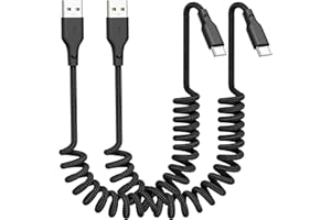Quickeep Car Carplay Cable 2Pack 3ft Coiled USB A to USB C Fast Charge Cord for iPhone 17/16/15/Plus/Pro Max/MacBook Pro, Auto Coiled Retractable iPhone Car Cord