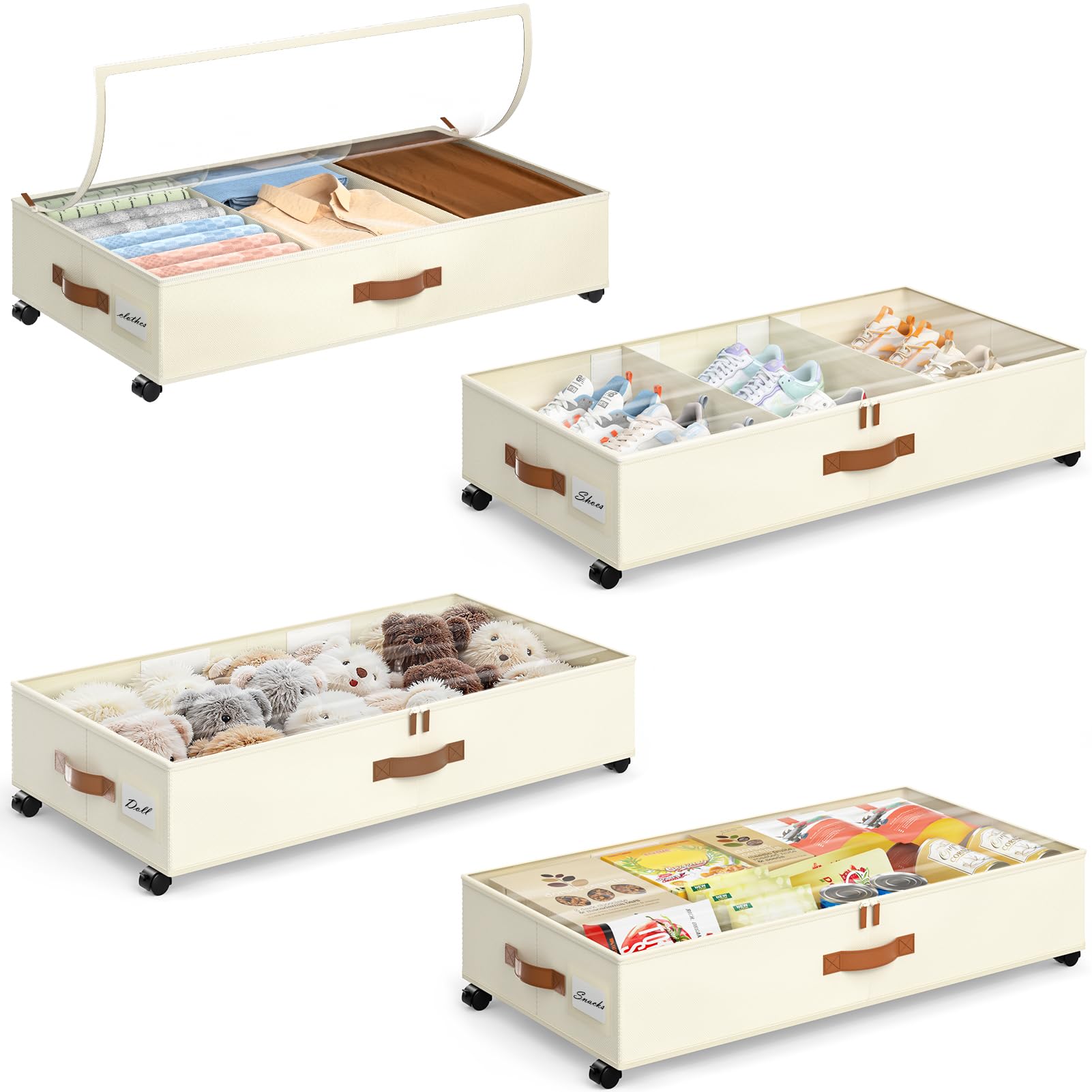 Photo 1 of **FACTORY SEALED** Yecaye Under Bed Storage with Wheels, 4 Pack Under Bed Storage Containers with Adjustable Dividers & Clear Window, Rolling Underbed Organizer Bins Drawers for Clothes, Shoes, Blankets, Beige