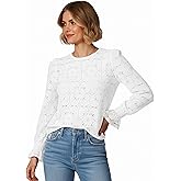 DEMVORA Women's Eyelet Lace Blouse Long Sleeve Crochet Embroidered Tops Dressy Casual Crew Neck Boho Shirt Fall Fashion
