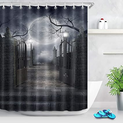 Amazon Com Lb Halloween Shower Curtain Moon Historical Gate Grey