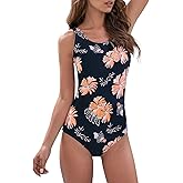 American Trends One Piece Swimsuit Women Criss Cross Back Color Block Print Bathing Suits Athletic Modest Swimwear