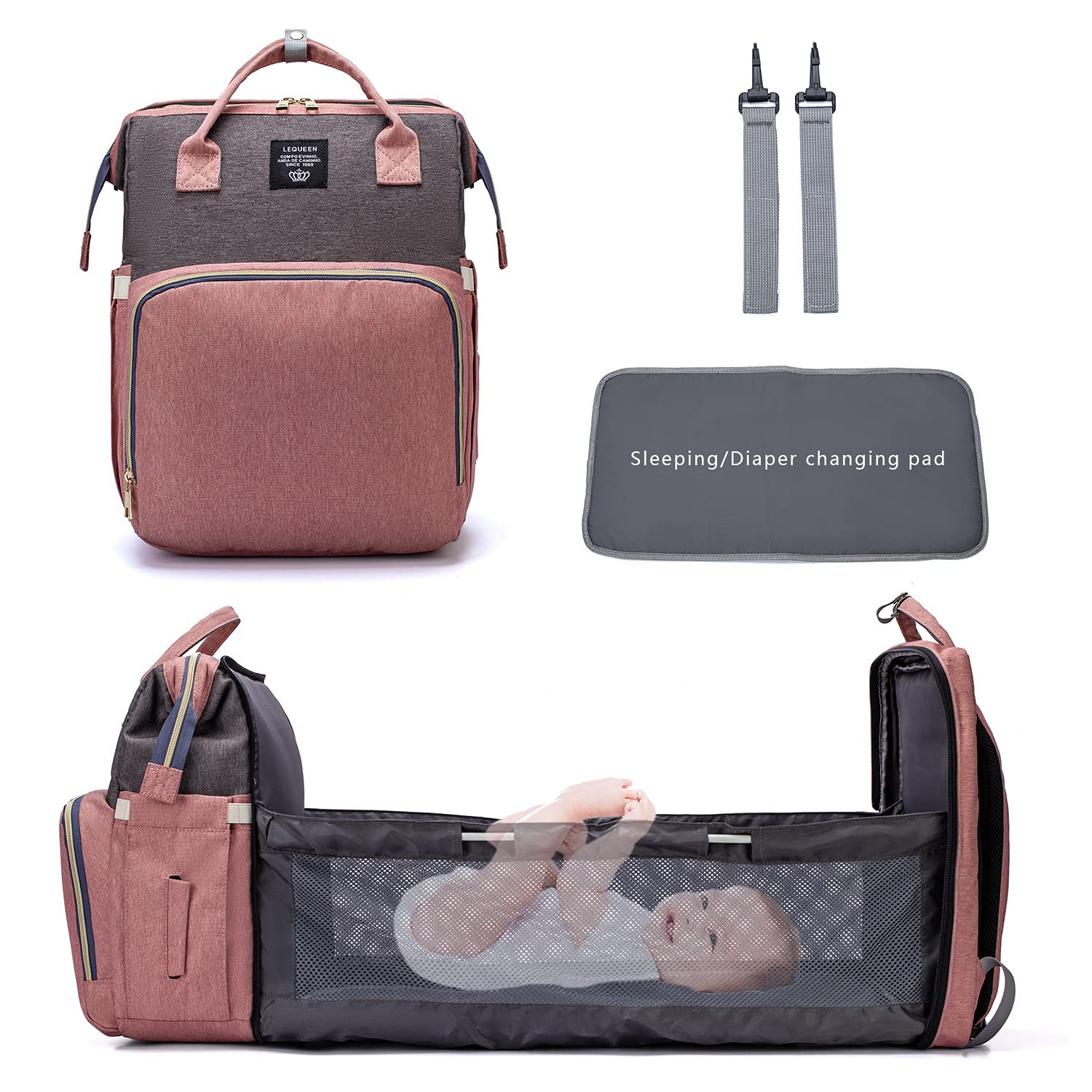 Beauenty Sunshade Portable Foldable Crib Mommy Bag Multi Function Backpack Mother And Baby Bag With Usb Charging And Sleeping/Diaper Changing Pad (Style 3)