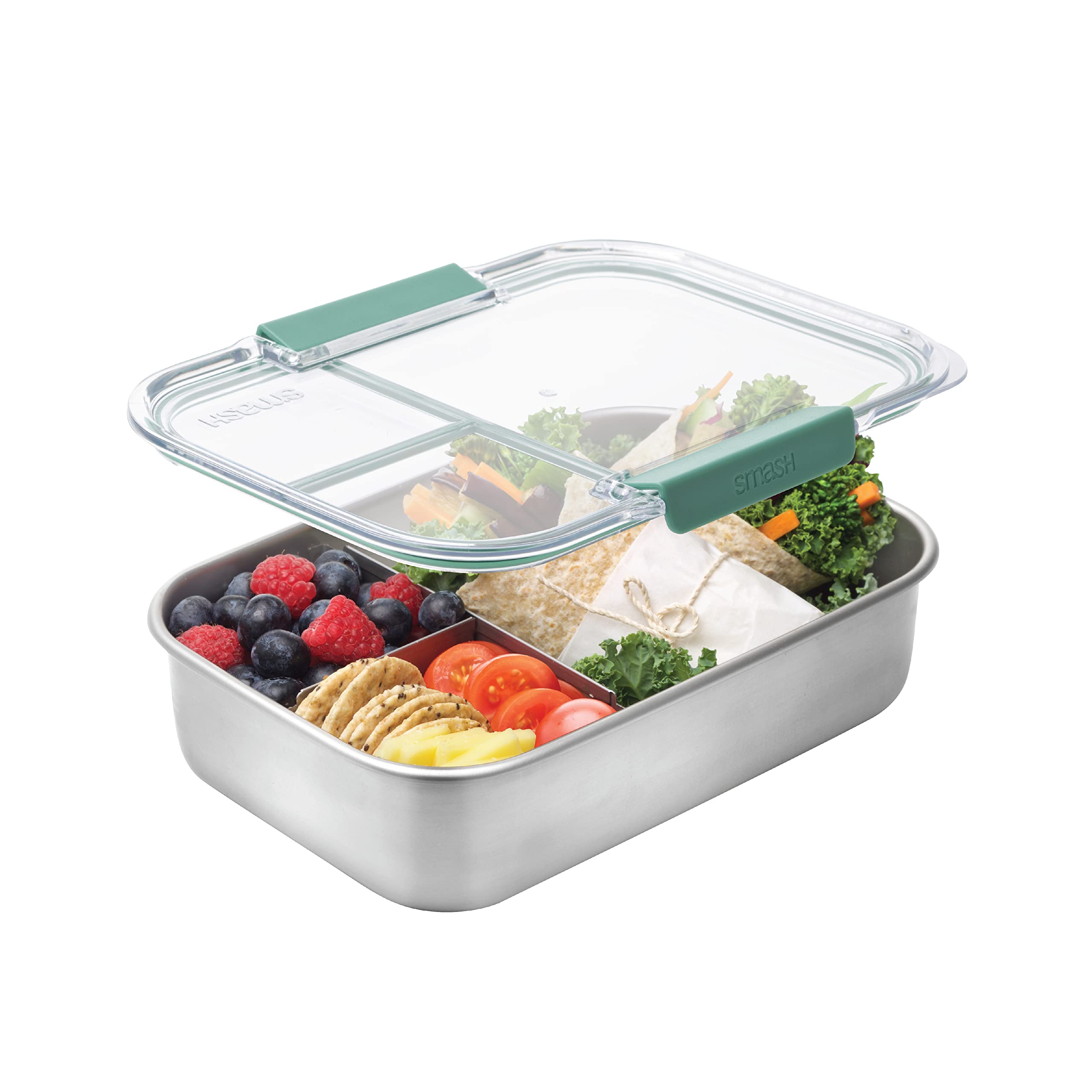 Smash Microwave Safe Stainless Steel 3 Divided Compartment Bento Lunch Box, Sage