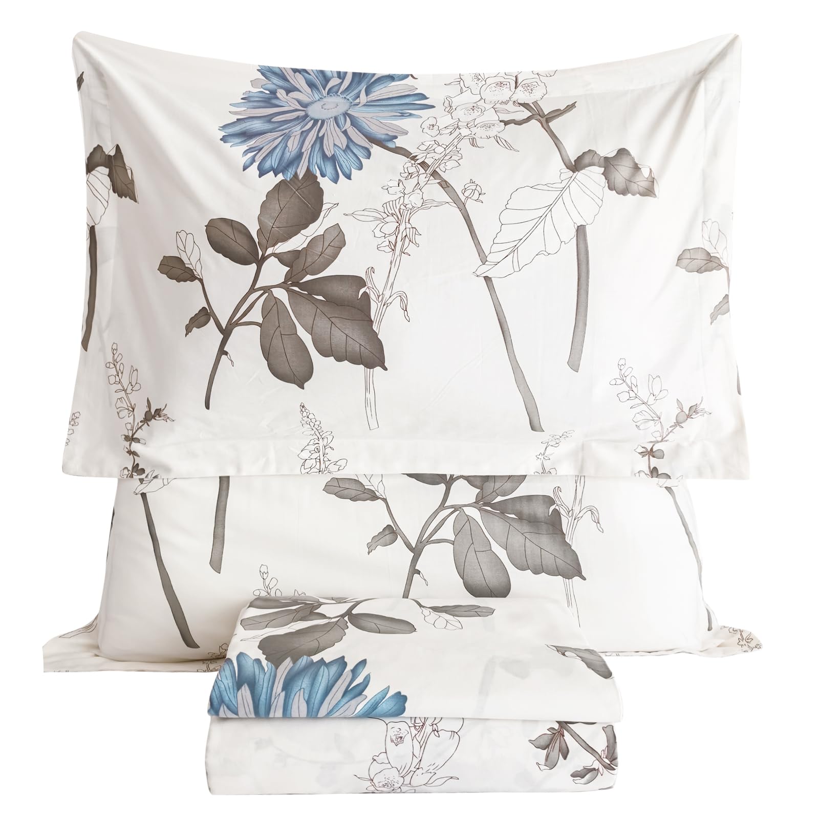 Photo 1 of QSH 100% Cotton Sheets for Queen Size Bed, White Floral Plant Pattern Botanical Luxury Cotton Printed Floral Bedding Sheets Queen Soft and Breathable 4pcs Deep Pocket Queen Sheet Set