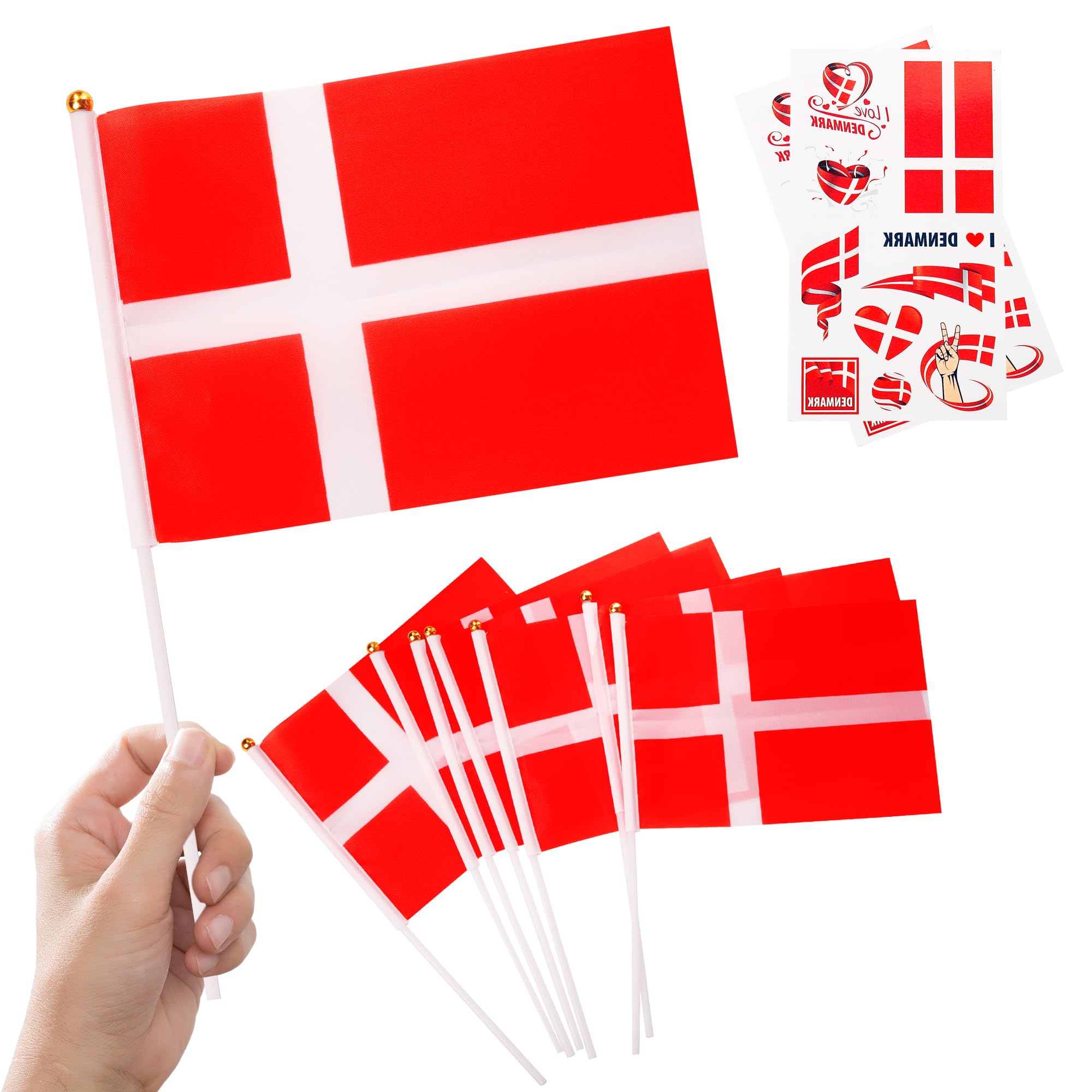 10pcs Small Denmark Flags on Sticks & 2pcs Tattoos, Denmark Oly 2024 Decorations Mini Denmark Flags Hand Held Flags for Oly Games 2024 Football Sports Events National Day Party Decorations — image 1