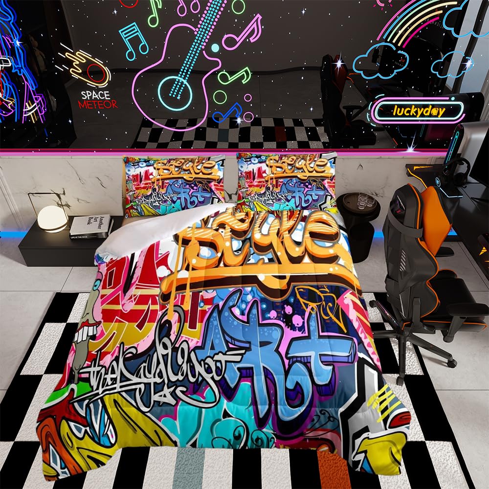 Hippie Graffiti Duvet Colorful Graffiti Art Printed for Kids Boys Teens Hip Hop Down Comforter Street Hipster Duvet Set Single Size