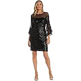 R&M Richards Women's Knee Length Sequin Dress W/Illusion Neckline & Sheer Bell Sleeves
