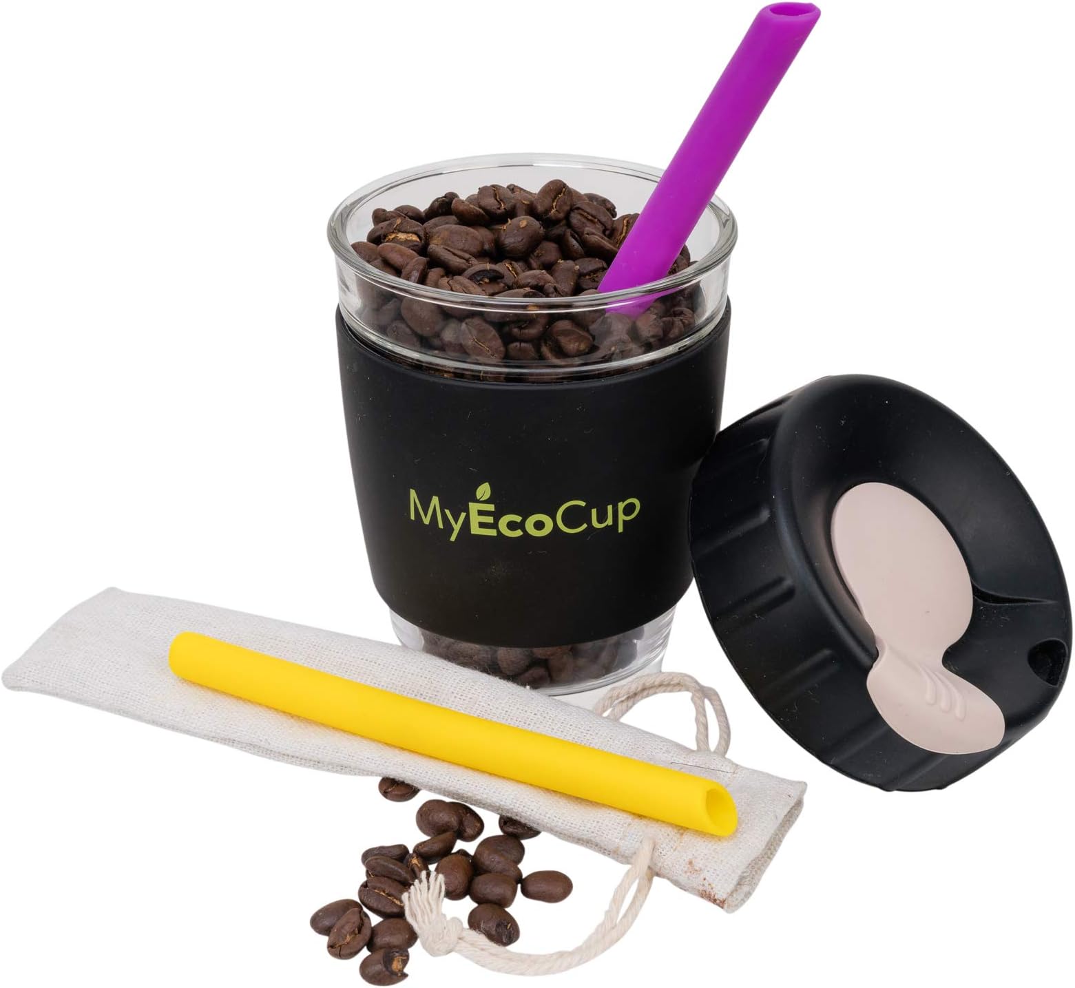 MyEcoCup Eco Friendly Glass Coffee Cup Bundle. Travel Mug with Silicone Straws & Chic Bag. Reusable Coffee Cup & Keepcup 12oz Travel Cup with Straws for Hot & Ice Coffee, Tea, Espresso & Smoothies