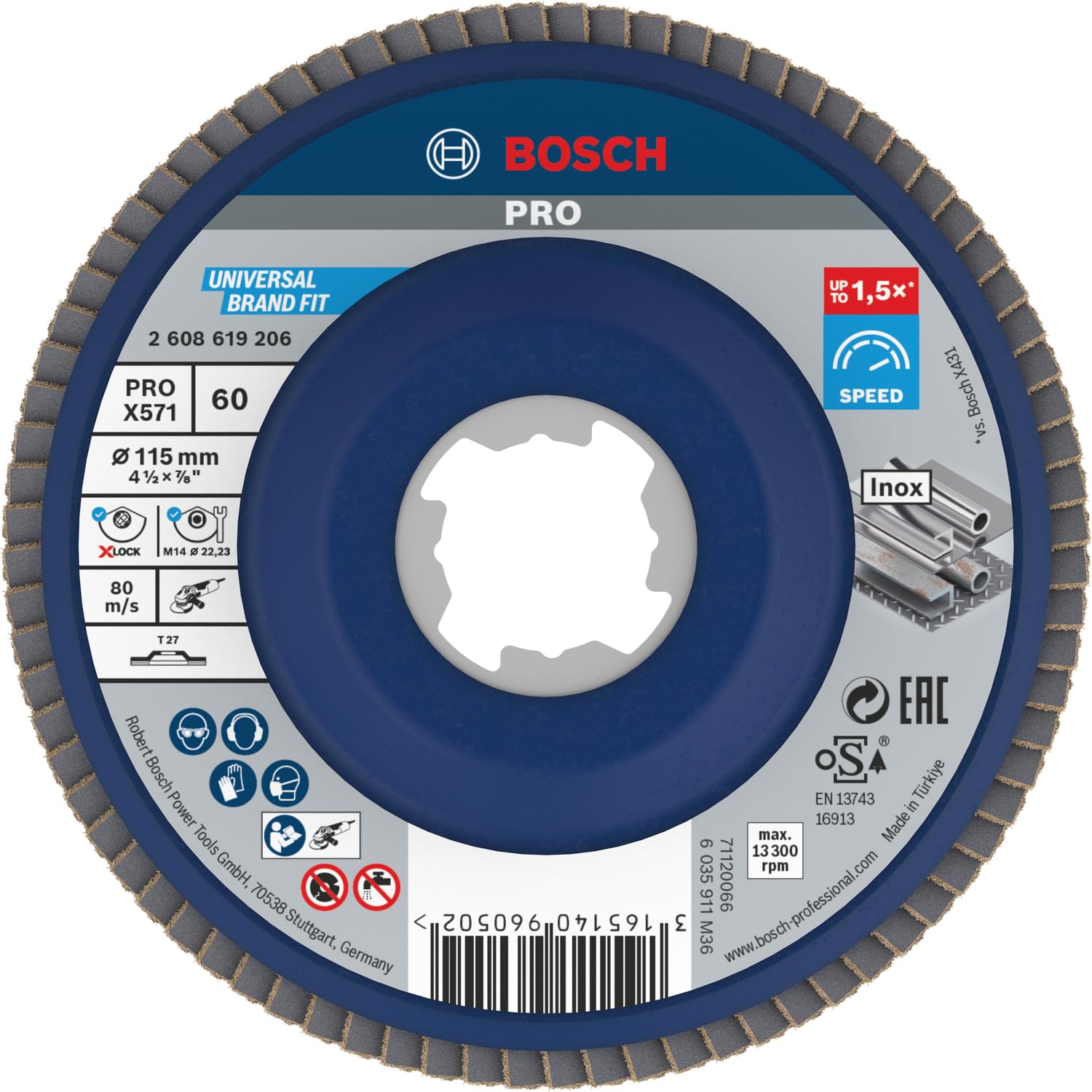 Bosch Professional 1x Straight Flap Disc Best (for Metal, X-LOCK, X571, Diameter 115 mm, Grit Size K60, Bore Diameter 22.23 mm, Accessories for Angle Grinders)