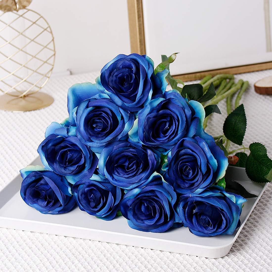 Veryhome 10 Pcs Artificial Roses Silk Flowers Fake Single Stem Blooming Rose Bridal Bouqets For Wedding Home Birthday Party Arrangment Garden Decoration (Blue) - Image 3
