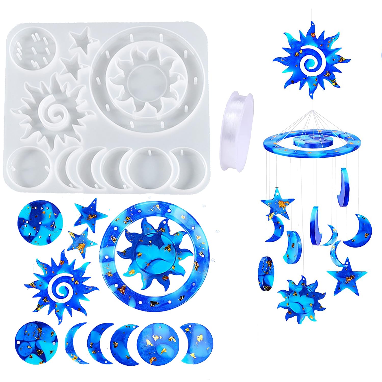 KAKOLOPT Solar Wind Chime Silicone Moulds Dream Catcher Resin Mold Kit, Sun Moon Star Resin Mold Kit, Epoxy Resin Molds Craft Casting for DIY Wind-Bell Decorations Eid Ramadan Homemade Garden Decor