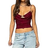 Sunloudy Women Sexy Cowl Neck Tank Top Layered Bra Cutout Low Cut Camisole Slim Fit Spaghetti Strap Ruched Going Out Shirt