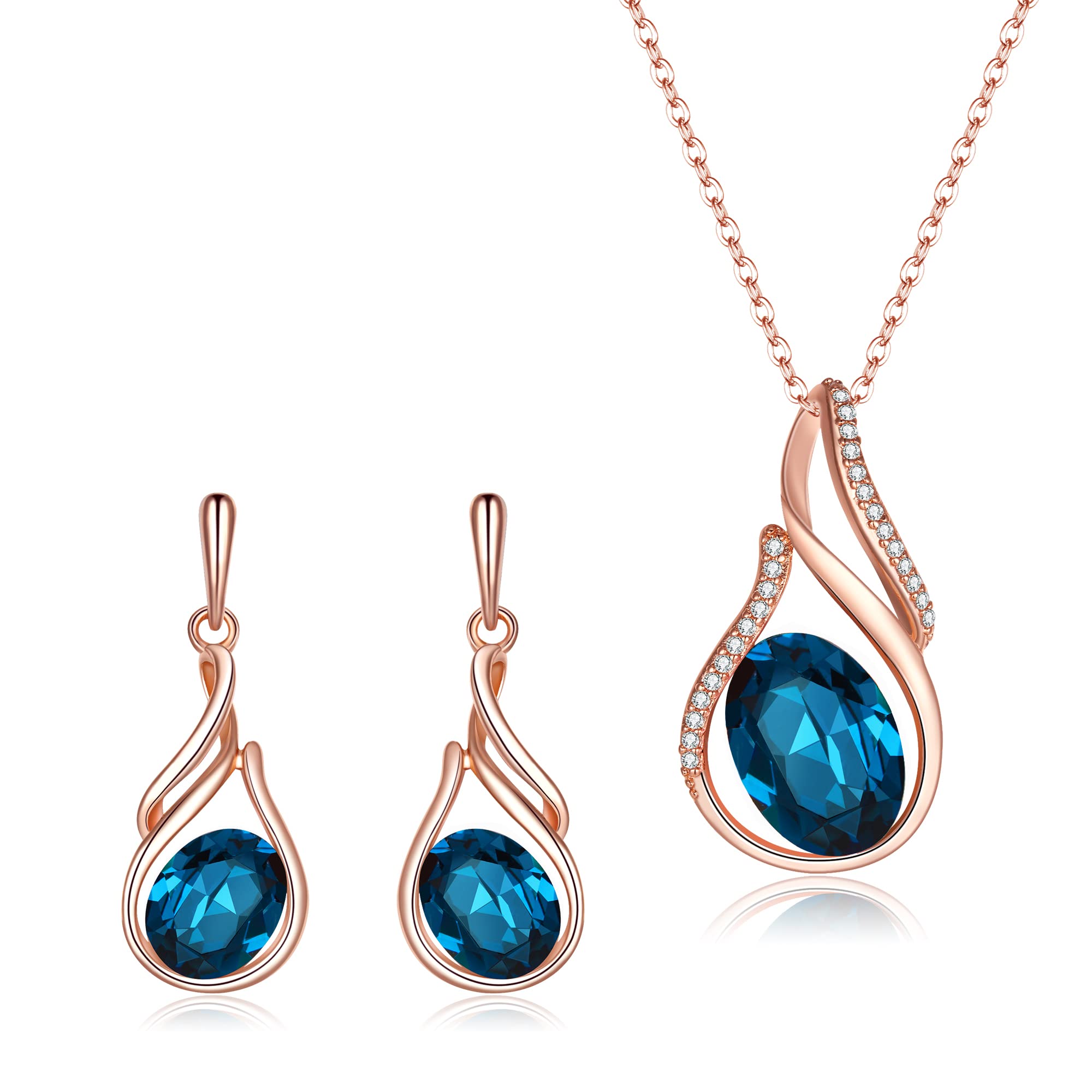 Clearine Austrian Crystal Flower Bud Teardrop Pendant Necklace Earrings Set Wedding/Birthday/Valentine's Day/Christmas/Mother's Day Jewellery Gift for Women Sapphire Colour Rose-Gold-Tone
