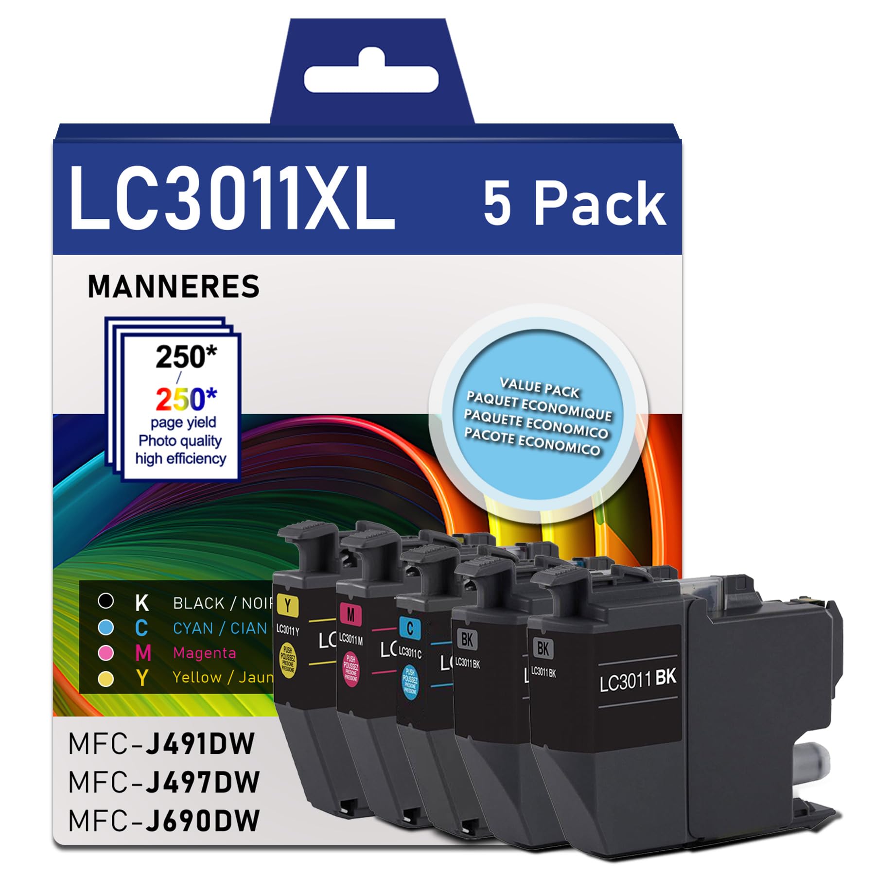 Photo 1 of LC3011XL High Yield Ink Cartridges 5-Pack (2 Black, 1 Cyan, 1 Magenta, 1 Yellow) Compatible for Brother LC3011 LC3013 XL Ink Cartridge Work with MFC-J491DW MFC-J497DW MFC-J690DW MFC-J895DW Printer