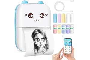 Bakoor Mini Printer, Portable Sticker Printer with 10 Rolls Paper, Mini Pocket Printer for Study, Notes, Journal, Fun, Work, Compatible with Phone Android or iOS