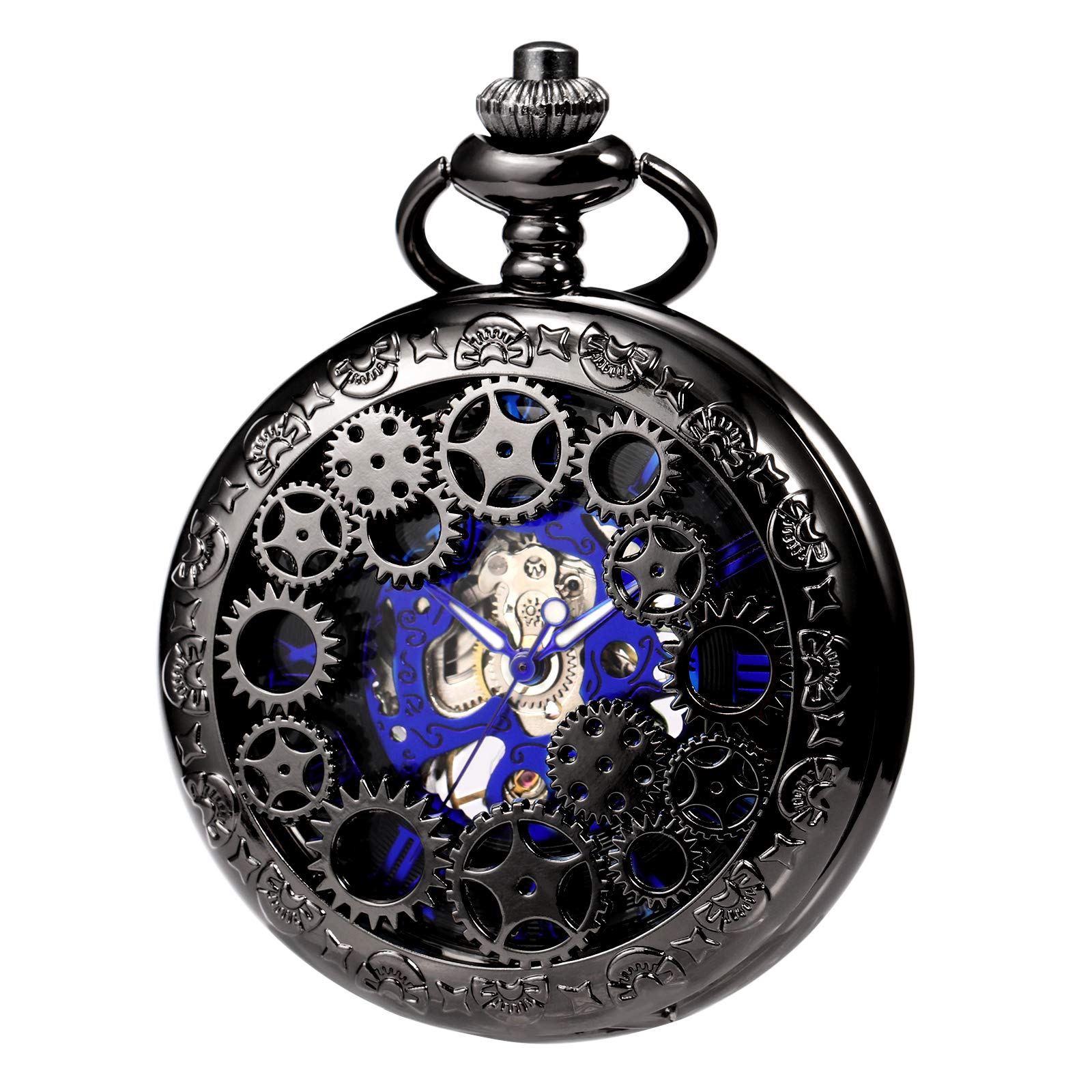 TREEWETO Mens Womens Mechanical Skeleton Pocket Watch Gear Hollow Case Steampunk Blue Hands Fob Watches with Chain Box
