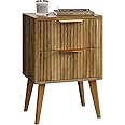 YAUKOMEL Fluted Nightstand with 2 Drawers,Modern Bedside Table with Metal Handles,White Side Table with Solid Wood Legs,Mid Century End Table for Living Room,Bedroom,Caramel Oak CTG55BR