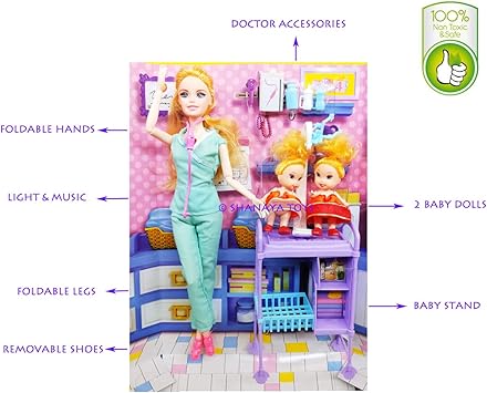 Shanaya Toys Babies Doctor Fashion Doll with Foldable Hands & Legs, Light & Music, Doctor Accessories & Baby Stand Doll Set for Girls