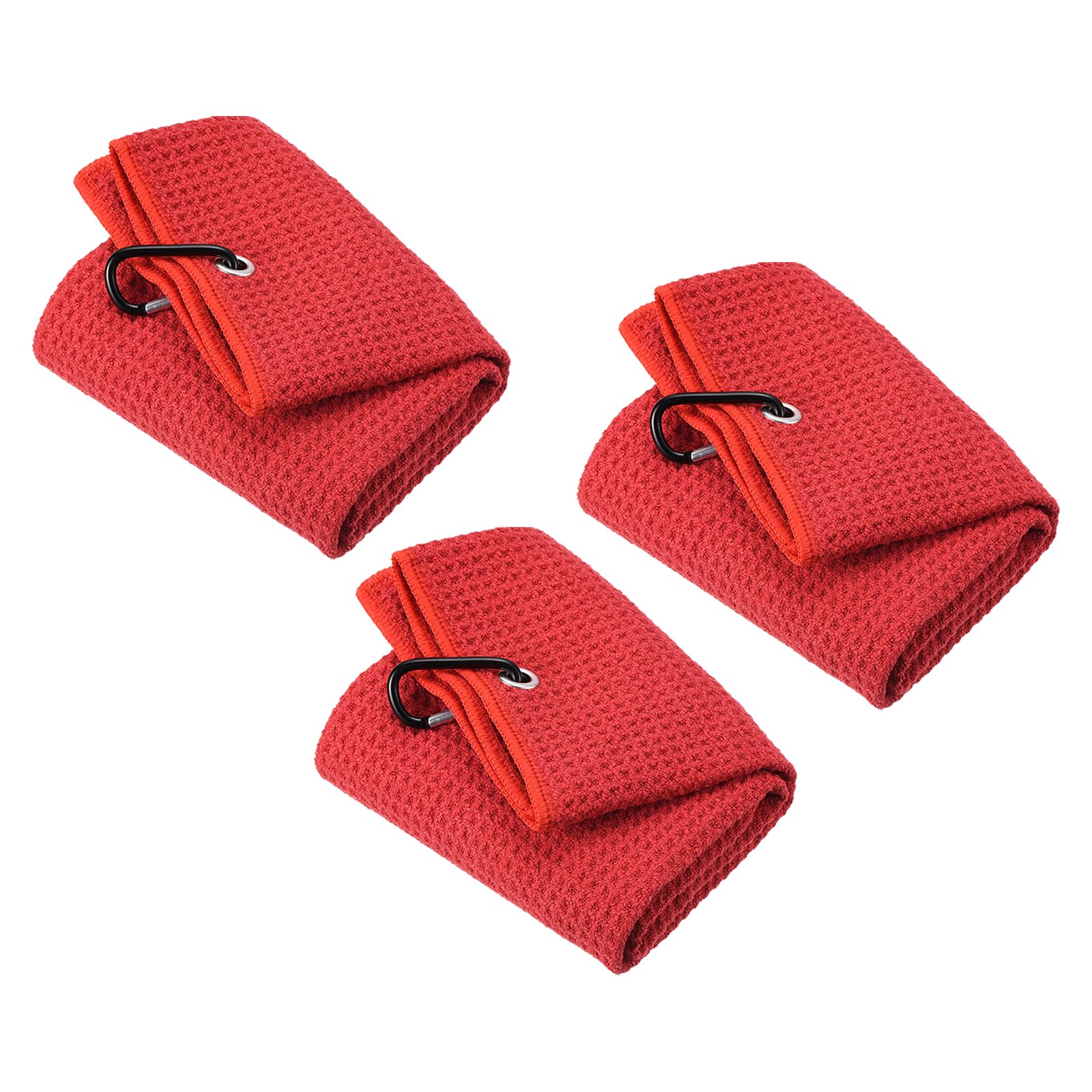 PATIKIL 12"x12" Tri-Fold Golf Towels, 3 Pack Waffle Pattern Towels Soft Fiber Strong Water Absorption with D Clip for Golf Lovers, Red
