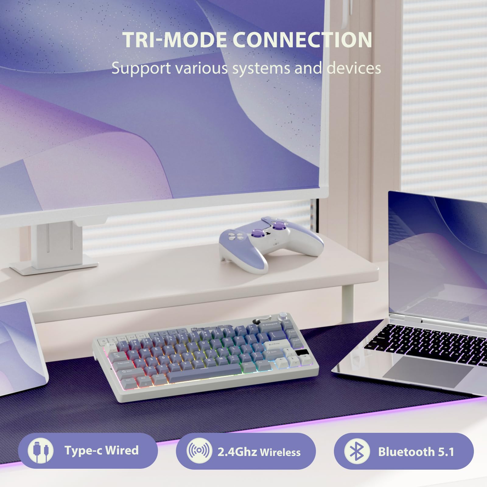 RK ROYAL KLUDGE M65 Wireless Mechanical Keyboard with Volume Knob, 60% Tri-Mode Gaming Keyboard 2.4G/BT/USB-C, Gasket Mount, Battery Display, PBT Keycaps, Hot-Swappable Cream Switch, Blue