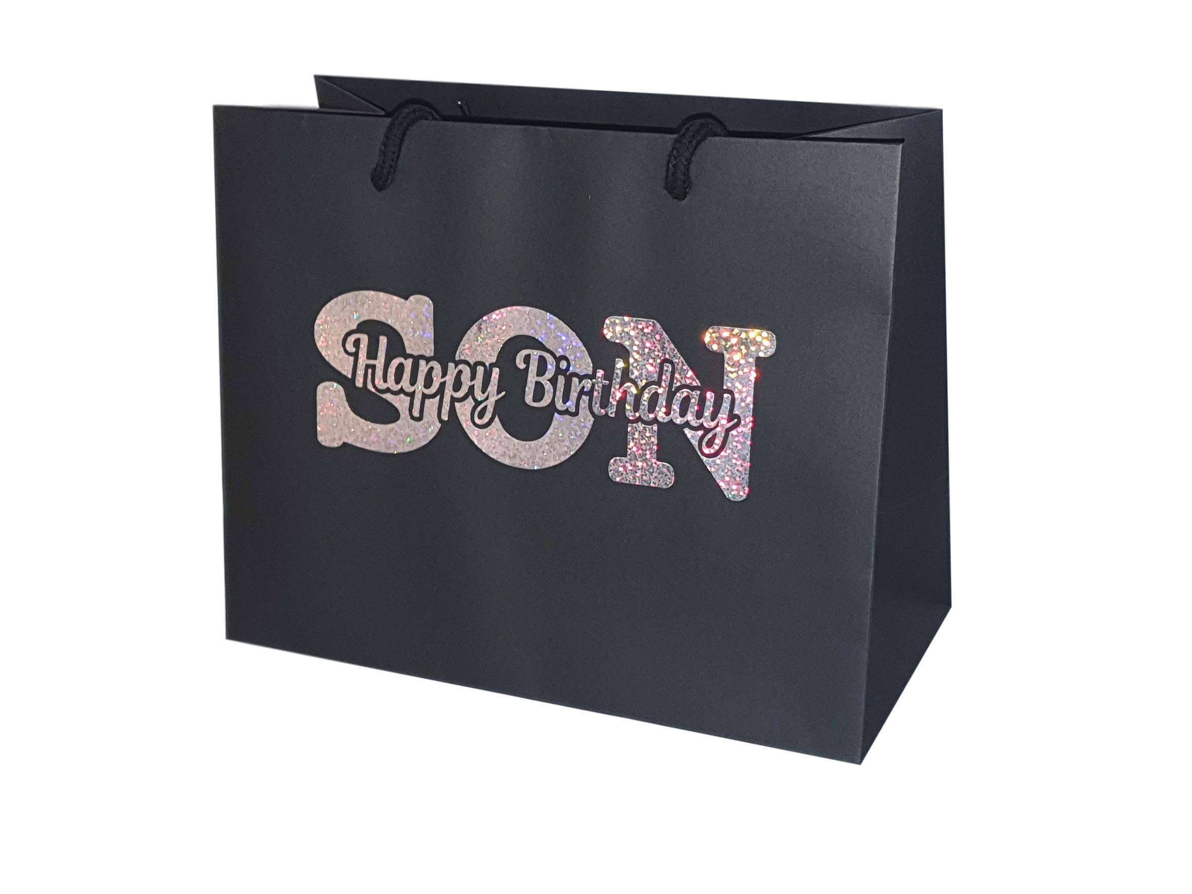 Son Happy Birthday Gift Bag - Holographic Glitter Gift Bag with Rope Handles and Tissue Paper - Birthday Ideas Son (Large)