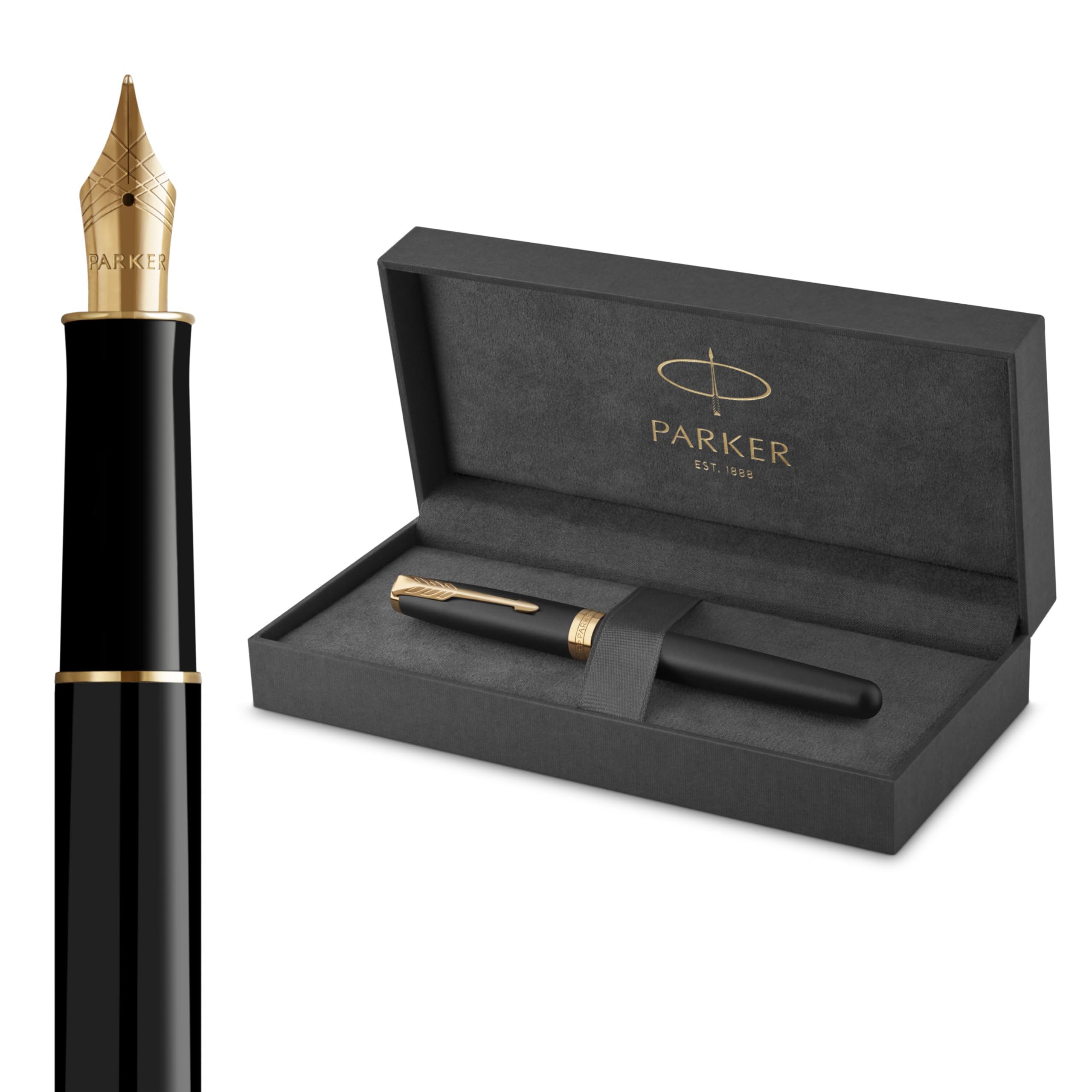 Parker Sonnet Fountain Pen | Matte Black Lacquer with Gold Trim | Medium Nib | Gift Box