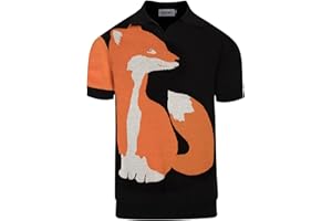 OXKNIT Men's Knit Short Sleeve Shirts 1960s Vintage Fox Pattern Knitted Polo Shirt Black V-Neck Cotton Mens Polo