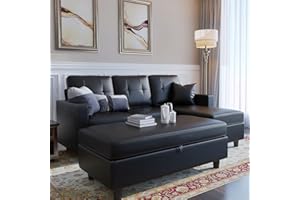 HONBAY Convertible Sectional Sofa with Ottoman Modern L Shape Couch Faux Leather Sectional Couch with Reversible Chaise, Black