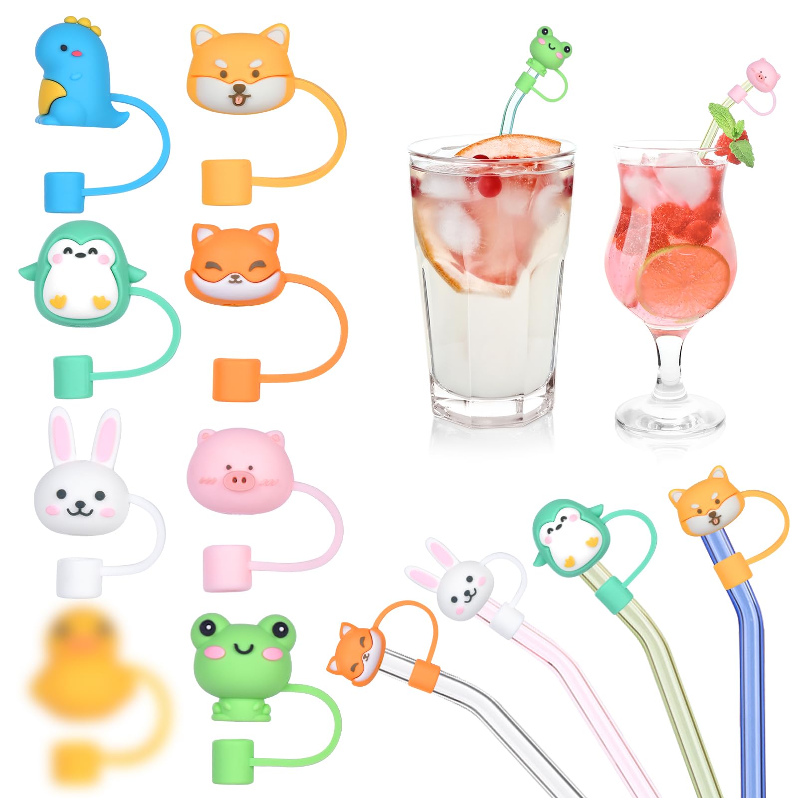 AUAUY Adorable Silicone Straw Tips Cover, Reusable Drinking Straw Covers Plugs Dust-Proof Drinking Straw Cover, Straw Protector Cover Animal Straw Cover for 7-8mm Straw -8PCS
