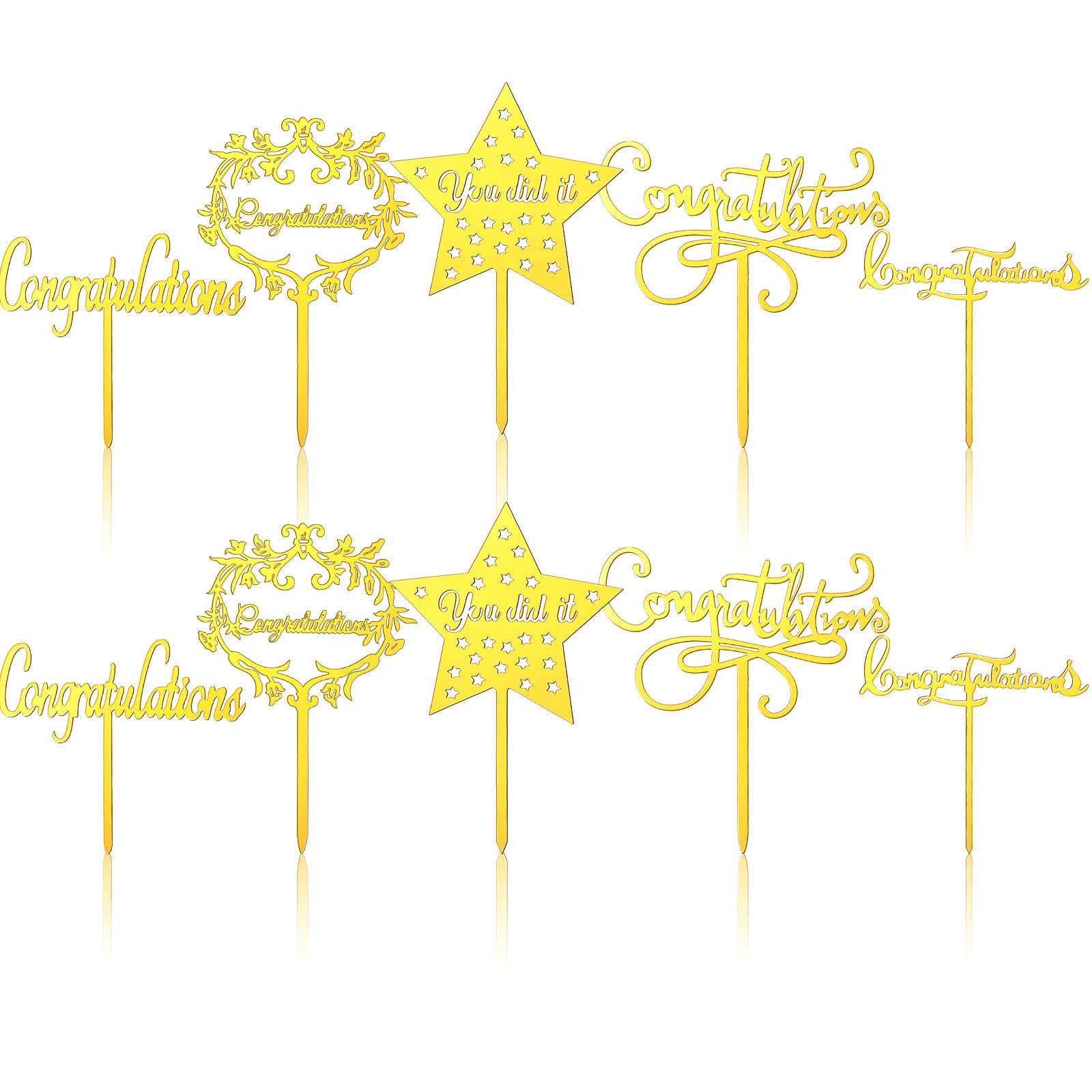 Photo 1 of 10 Pieces Congratulation Cake Toppers Gold Acrylic Cupake Toppers Cake Decorations for Graduation, Wedding, Job Promotion, Retirement Party, Proclamation of Pregnancy Party, 5 Styles