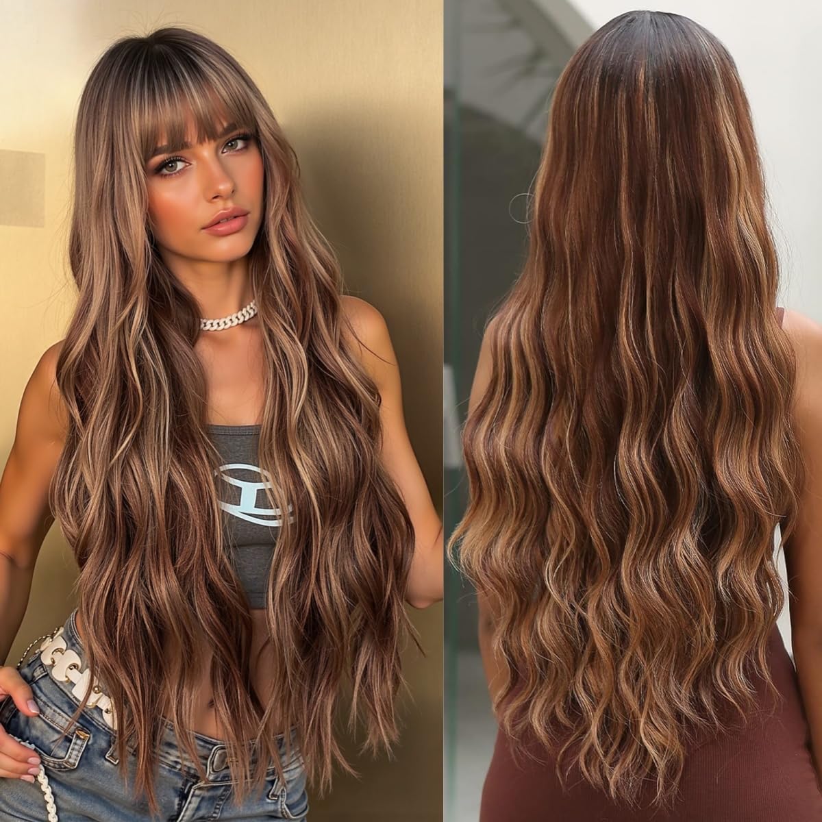 Allbell Long Brown Curly Wig with Bangs for Women Highlight Brown Wig Long Wavy Wig Synthetic Heat Resistant Fiber Wigs With Dark Roots for Girls Daily Use 30 Inch