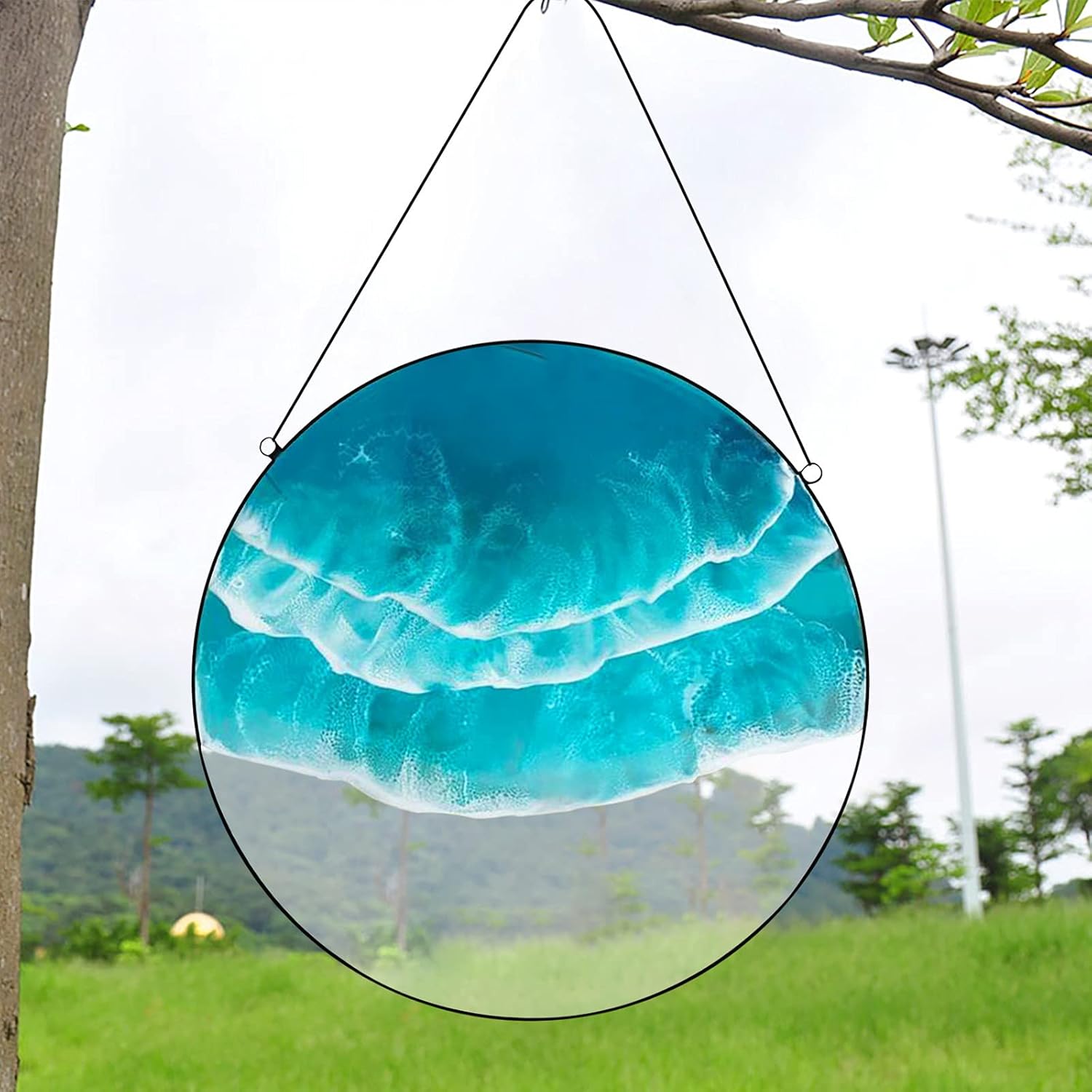 Ocean Wave Wall Hanging Nautical Round Panel Handmade Diy Framed Artwork Resin Art Ocean Waves Picture Sea Landscape Bedroom Or Office Wall Decor Great Gift For Beach Lovers (A)
