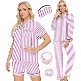 MORFORU Silk Pajama Set for Women 4 Piece Satin Pajamas Pjs with Eye Mask, Headband, Button Down Sleepwear Lounge Set