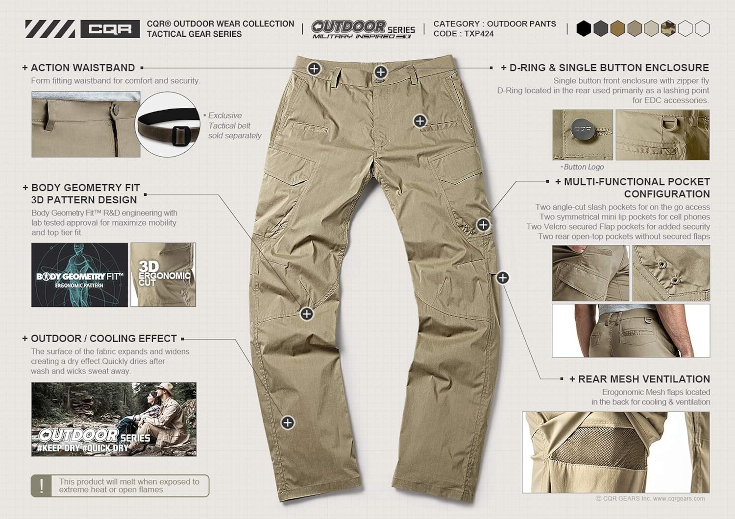 CQR Men's Hiking Pants, Water Repellent Outdoor Pants, Lightweight Stretch Cargo/Straight Work Pants, UPF 50+ Outdoor Apparel: Clothing