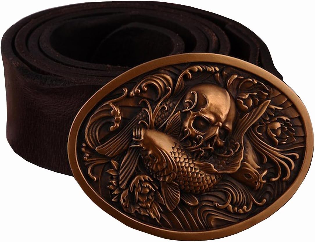 Handmade Fine Bronze China Dragon Human Skull Pattern Men Belt Buckles with Cowhide Leather