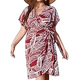 SOLY HUX Women's Plus Size Leaf Print Dress V Neck Wrap Tie Side Short Sleeve Boho Short Dresses