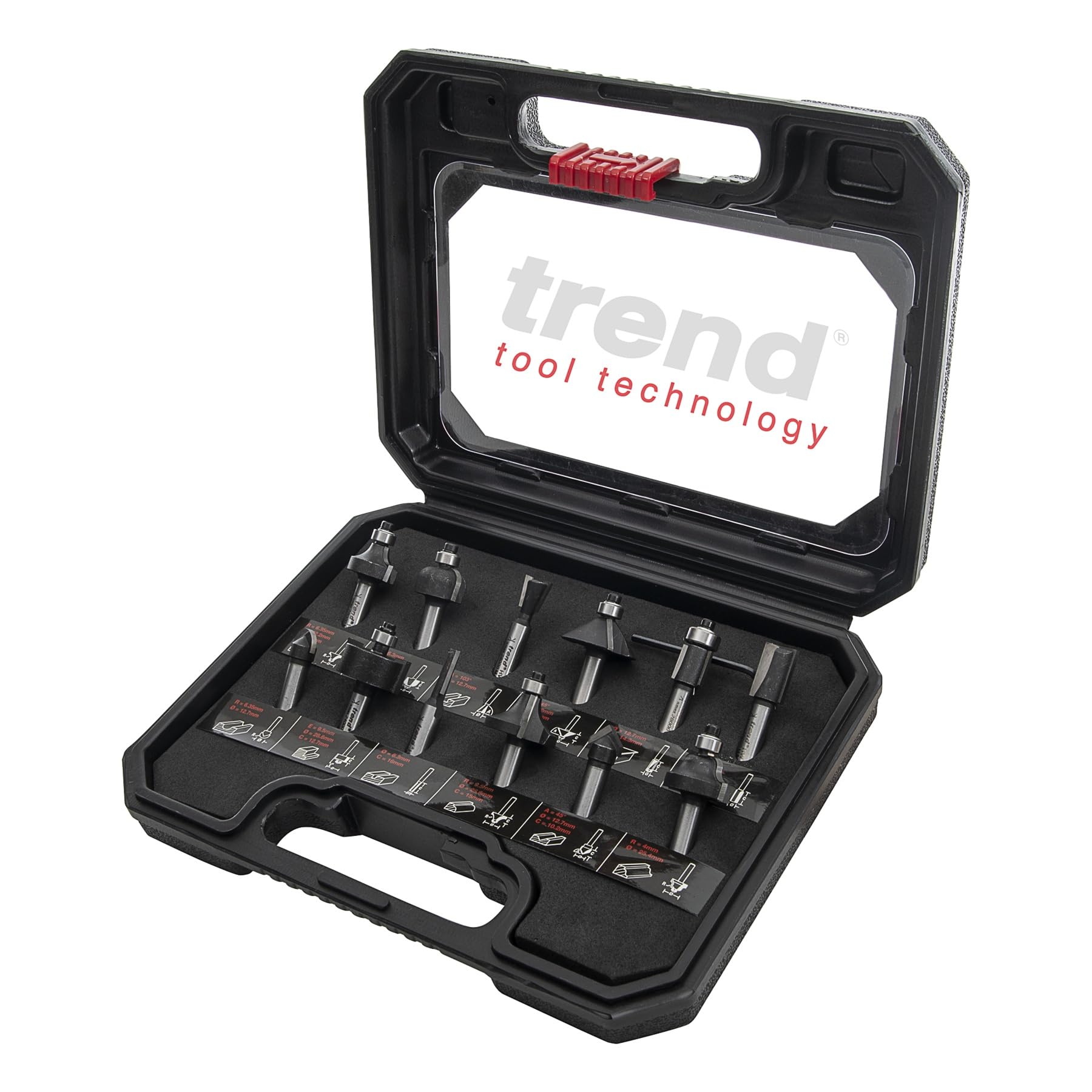 Trend 12 Piece Router Bit Starter Set, 8mm Shank, Tungsten Carbide Tipped, Storage Case Included, SET/SS8X8MMTC