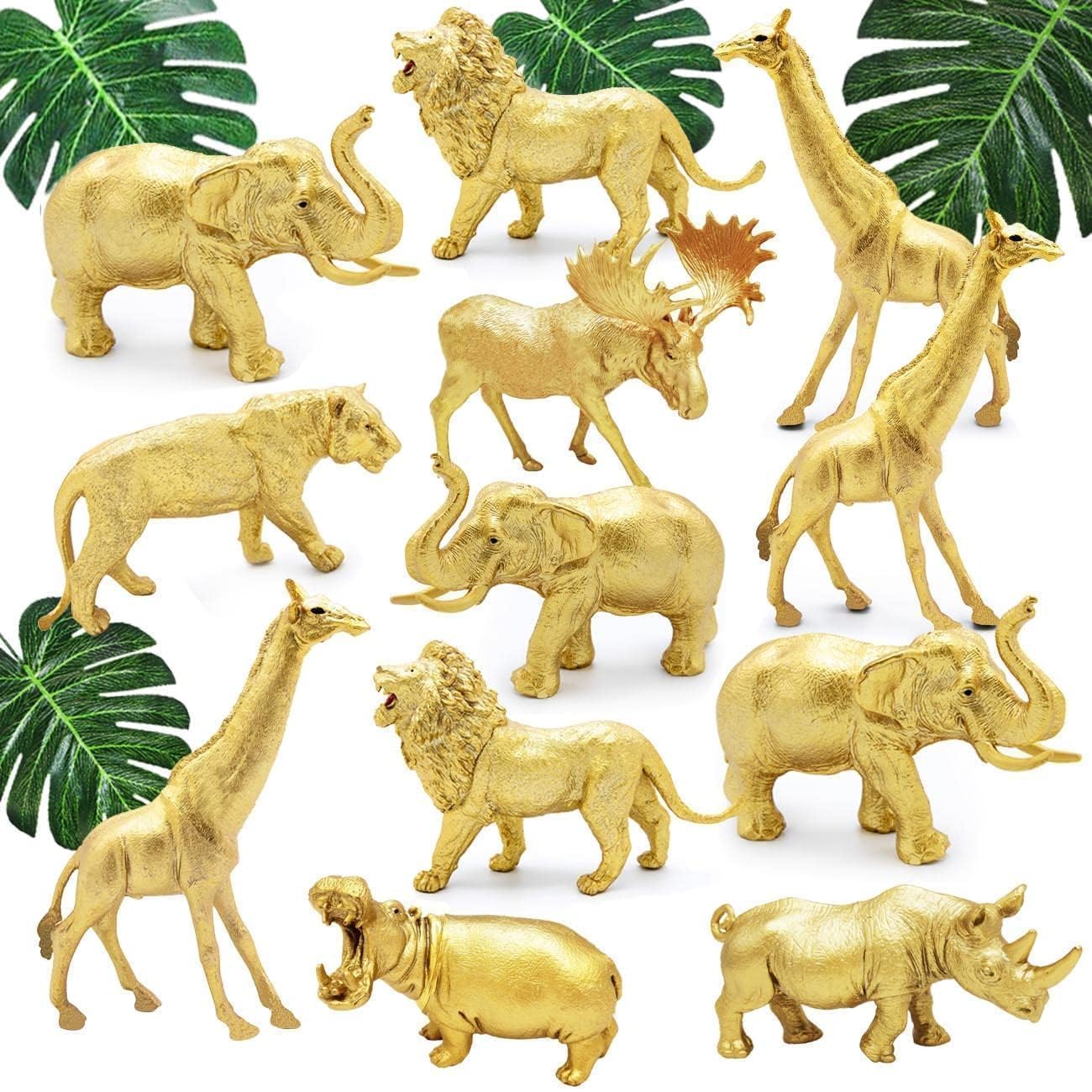 Photo 1 of Metallic Gold Plastic Animal Figurines Toys, 12PCS Golden Safari Zoo Animal Figures, Jungle Wild Animals for Baby Shower Decor, Safari Themed Birthday Party, Christmas Decoration Gifts
