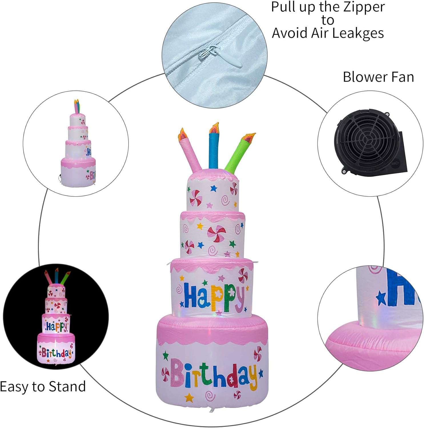AJY 6 Feet Tall Cute Inflatable Happy Birthday Cake with Candle Blow Up Indoor Outdoor Yard Lawn Decoration: Garden & Outdoor