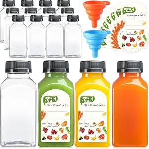 12 PACK, 8 OZ Reusable Thicker Plastic Juice Bottles with Caps, Leakproof | Plus 12 Labels & 2 Funnels, Clear Juicing Bottles