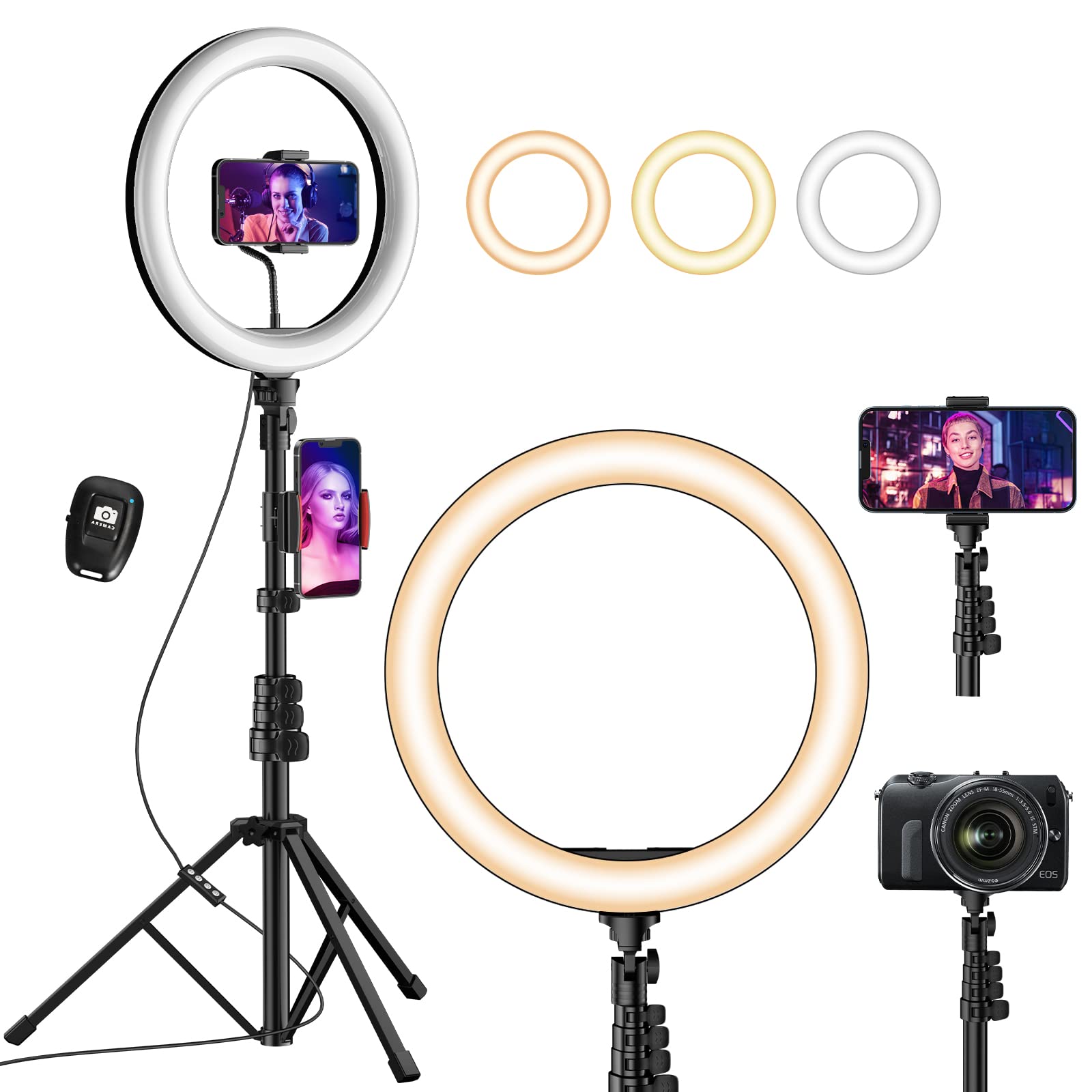 12" Ring Light with Tripod Stand & Phone Holder, 63" Tripod Stand with 3 Light Modes & 10 Brightness Levels for YouTube/Instagram/Video/Photography/Live Streaming