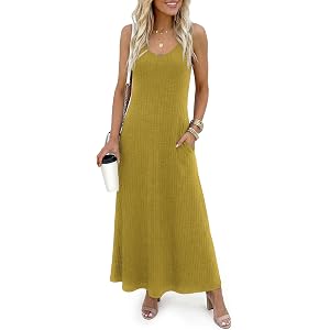 LILBETTER Women's Summer Maxi Dress Casual Flowy Spaghetti Strap Beach Long Dresses with Pockets