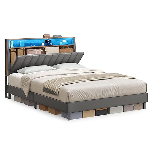 VASAGLE LED Bed Frame Queen Size, Storage Headboard and Charging Station, Queen Bed Frame with 2 AC Outlets, 1 USB Port, 1 Type-C Port, No Box Spring Needed, Dove Gray and Camel Brown URMB841G01