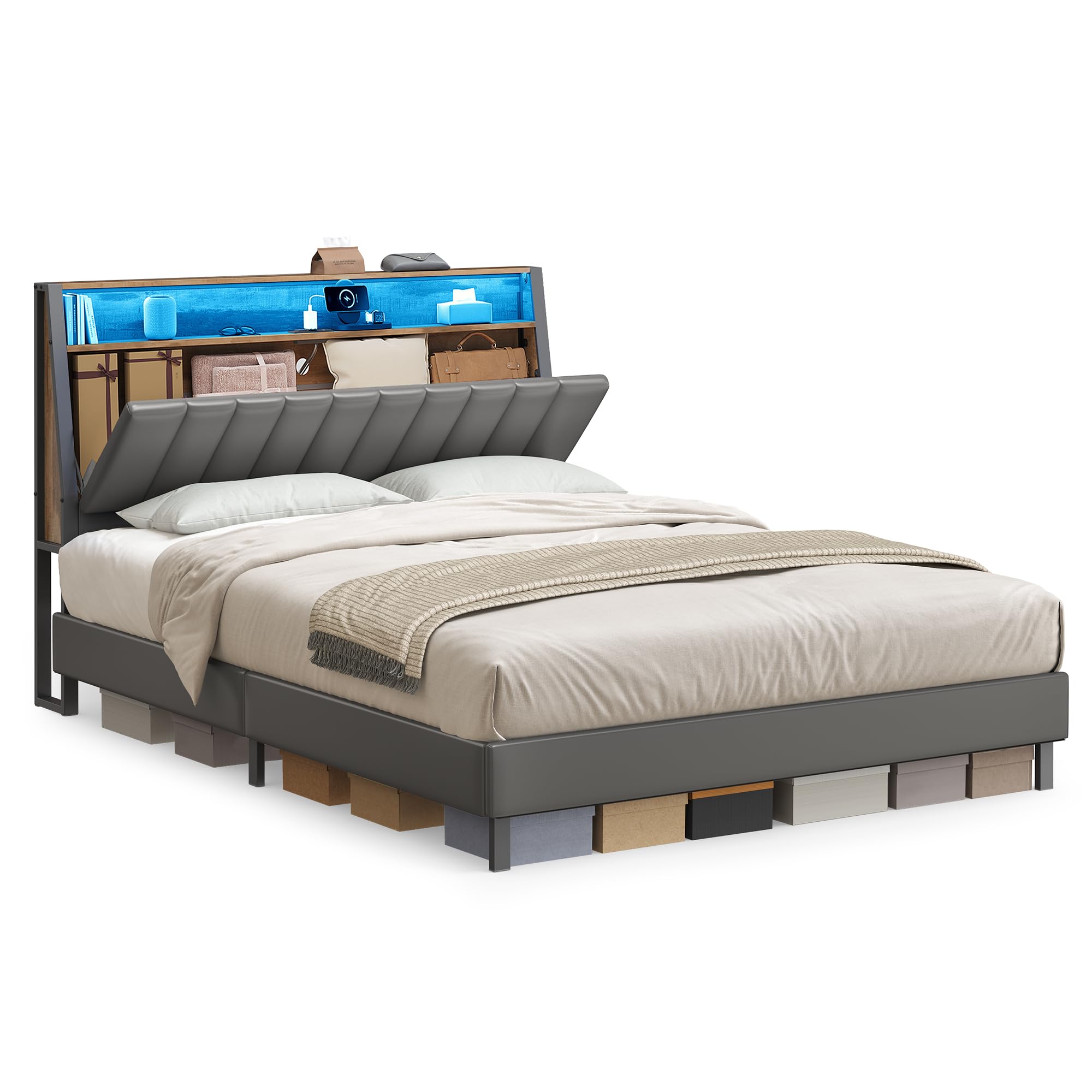 Photo 1 of *MISSING PARTS UNKNOWN*
VASAGLE LED Bed Frame Queen Size, Storage Headboard and Charging Station, Queen Bed Frame with 2 AC Outlets, 1 USB Port, 1 Type-C Port, No Box Spring Needed, Dove Gray and Camel Brown URMB841G01